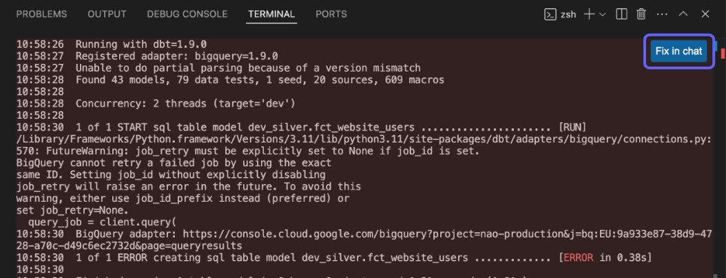 Fix terminal errors in chat