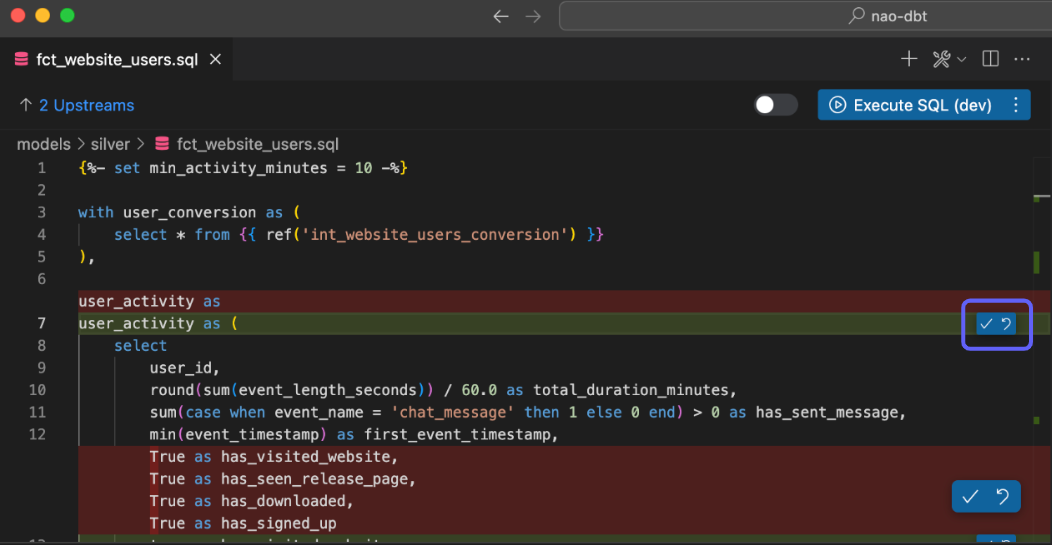 Line-level accept/reject and character diff